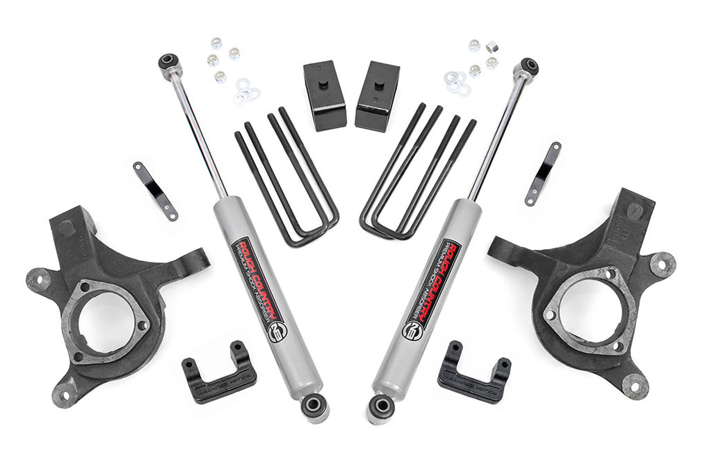 Contents of the 5-inch lift kit showing front and rear suspension parts for Chevy Silverado and GMC Sierra 1500 2WD