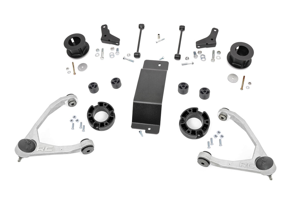 Components of the 3.5-inch Rough Country lift kit for Chevy Avalanche 1500, including sway bars and installation hardware