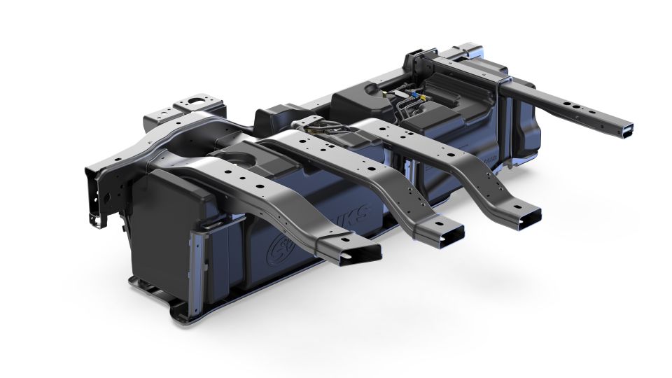 Detailed image of the S&B Tanks 60-gallon fuel tank components for Ford Powerstroke 6.7L trucks