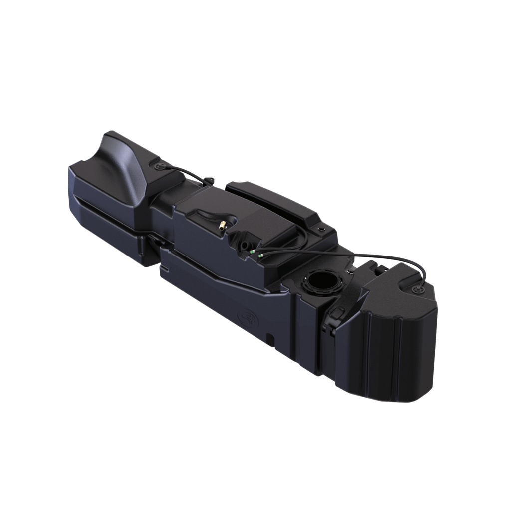 Close-up view of the 60-gallon aftermarket fuel tank for Dodge/Ram Crew Cab Long Bed trucks