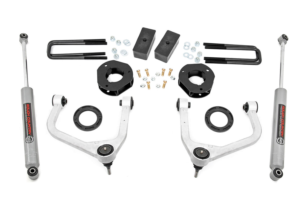Contents of 3.5 inch lift kit for GMC Sierra 1500 showing front and rear shocks with springs