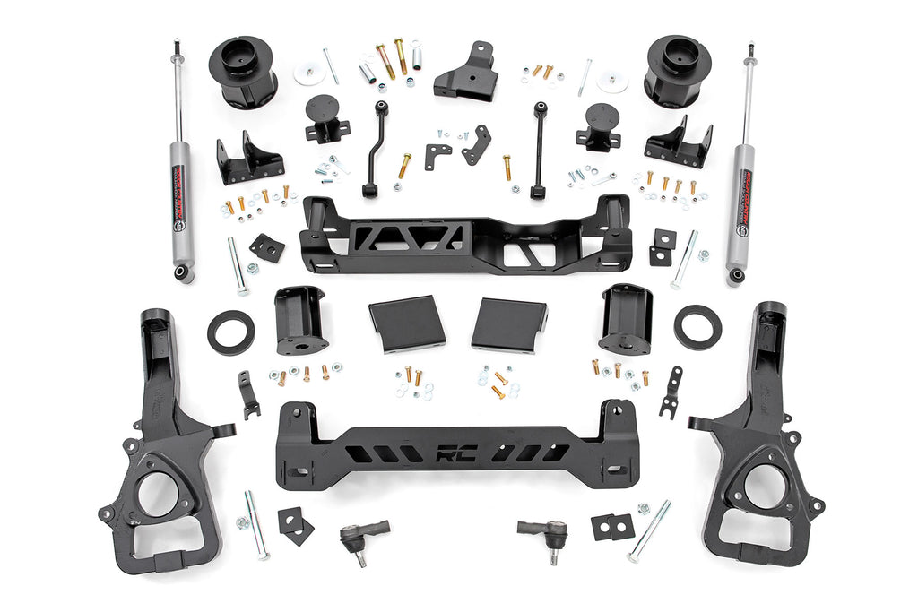 Components of the 6-inch lift kit for Ram 1500 2WD, including front and rear lift parts and steering knuckles