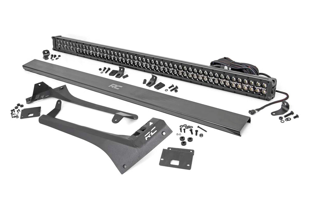 Rough Country - Jeep 50 Inch Straight LED Light Bar Upper Windshield Kit W/ Dual-Row Black Series LED - Amber DRL (20-22 Gladiator JT 18-22 Wrangler JL) - 70068