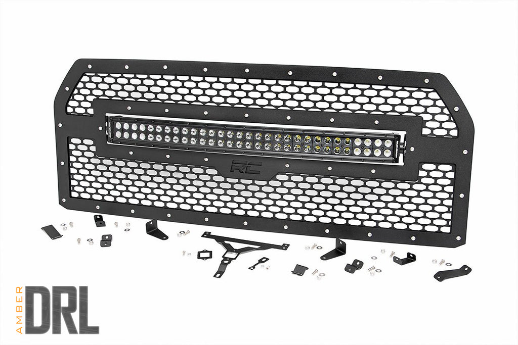 Rough Country - Mesh Grille - 30" Dual Row LED - Black - Amber DRL - Ford F-150 (15-17) - 70193BDA