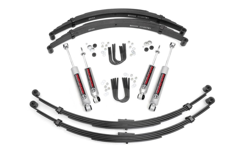 Components of the 4-inch lift kit for International Scout II 4WD, including front and rear suspension parts