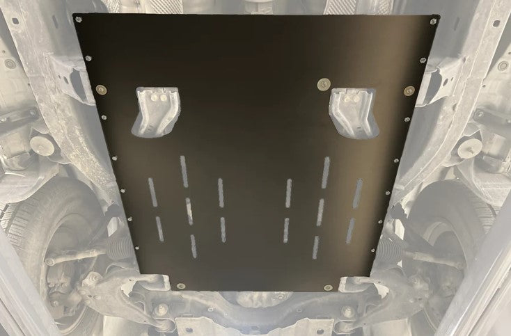 Detailed image of the FSPE Catalytic Converter Guard installed on the underside of a Toyota Sequoia