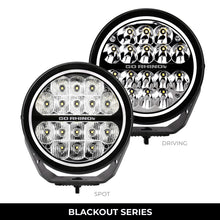 Load image into Gallery viewer, Go Rhino Xplor Blackout Series Round LED Spot Light Beam w/DRL (Surface/Thread Stud Mnt) 7in. - Blk