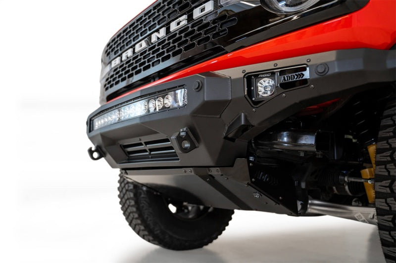 Addictive Desert Designs Stealth Fighter Front Bumper on a Ford Bronco showcasing the skid plate