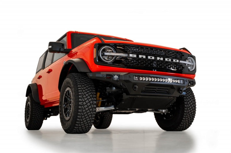 Front view of the Addictive Desert Designs Stealth Fighter Front Bumper on a 2021 Ford Bronco