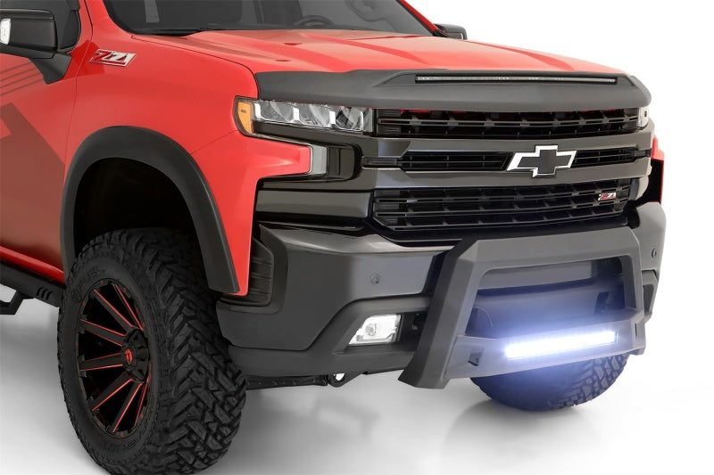 Lund Revolution Bull Bar on a red Chevrolet Silverado, full front view